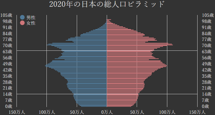 人口ピラミッド:つぼ型(2020年)